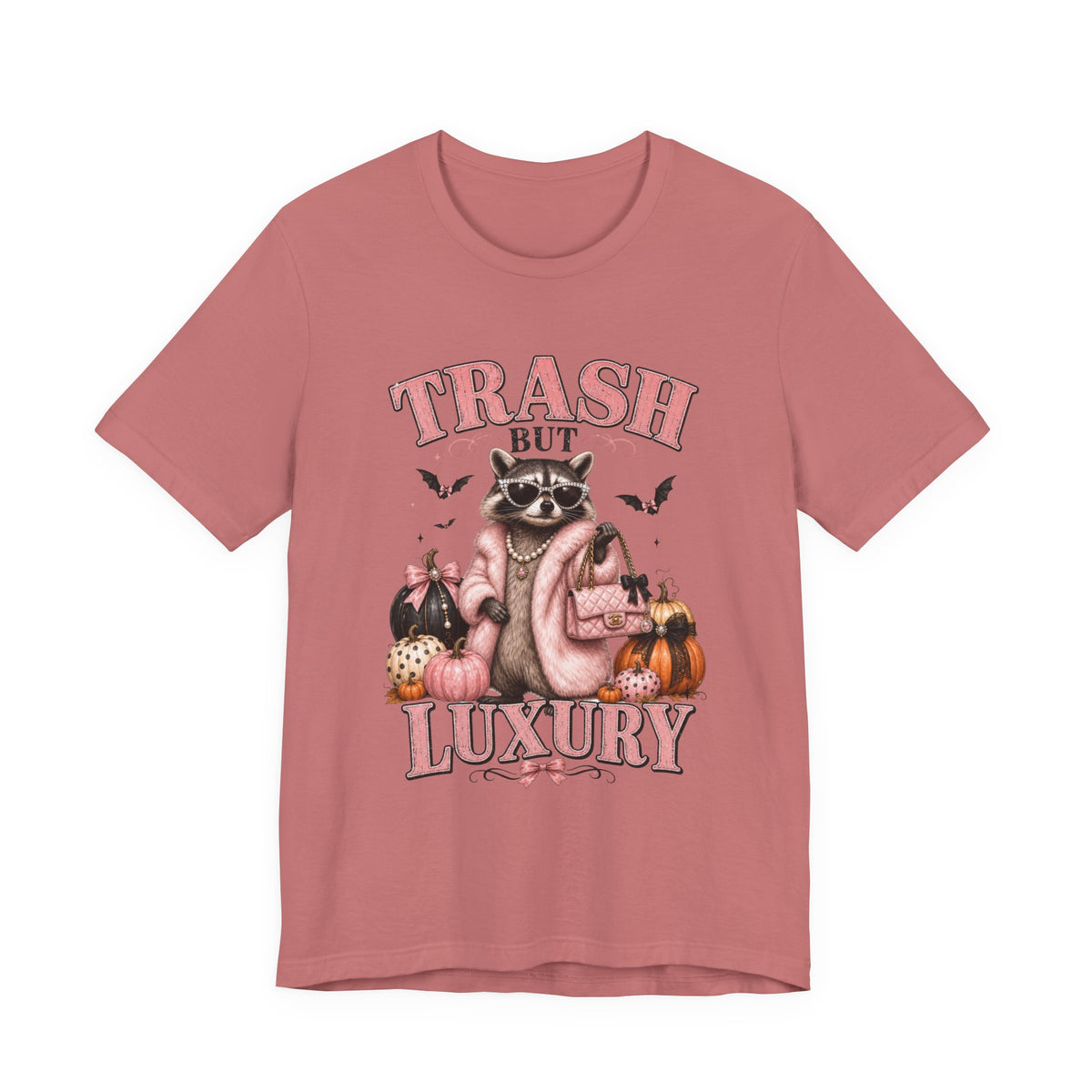 Trash But Luxury Raccoon Tee — Halloween Graphic T-Shirt with Pumpkins & Bats