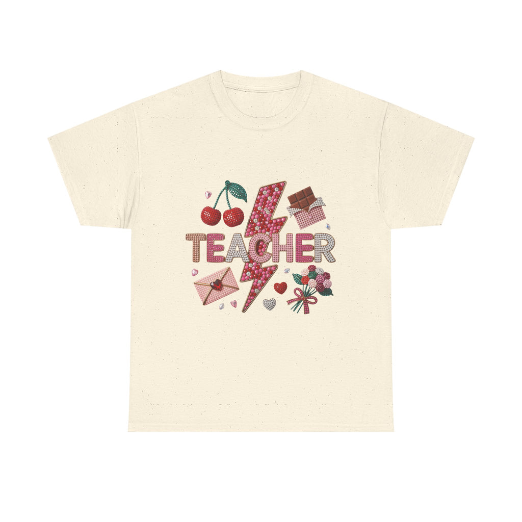 Teacher lightning bolt design T-shirt | cherries, letters, hearts, stationery