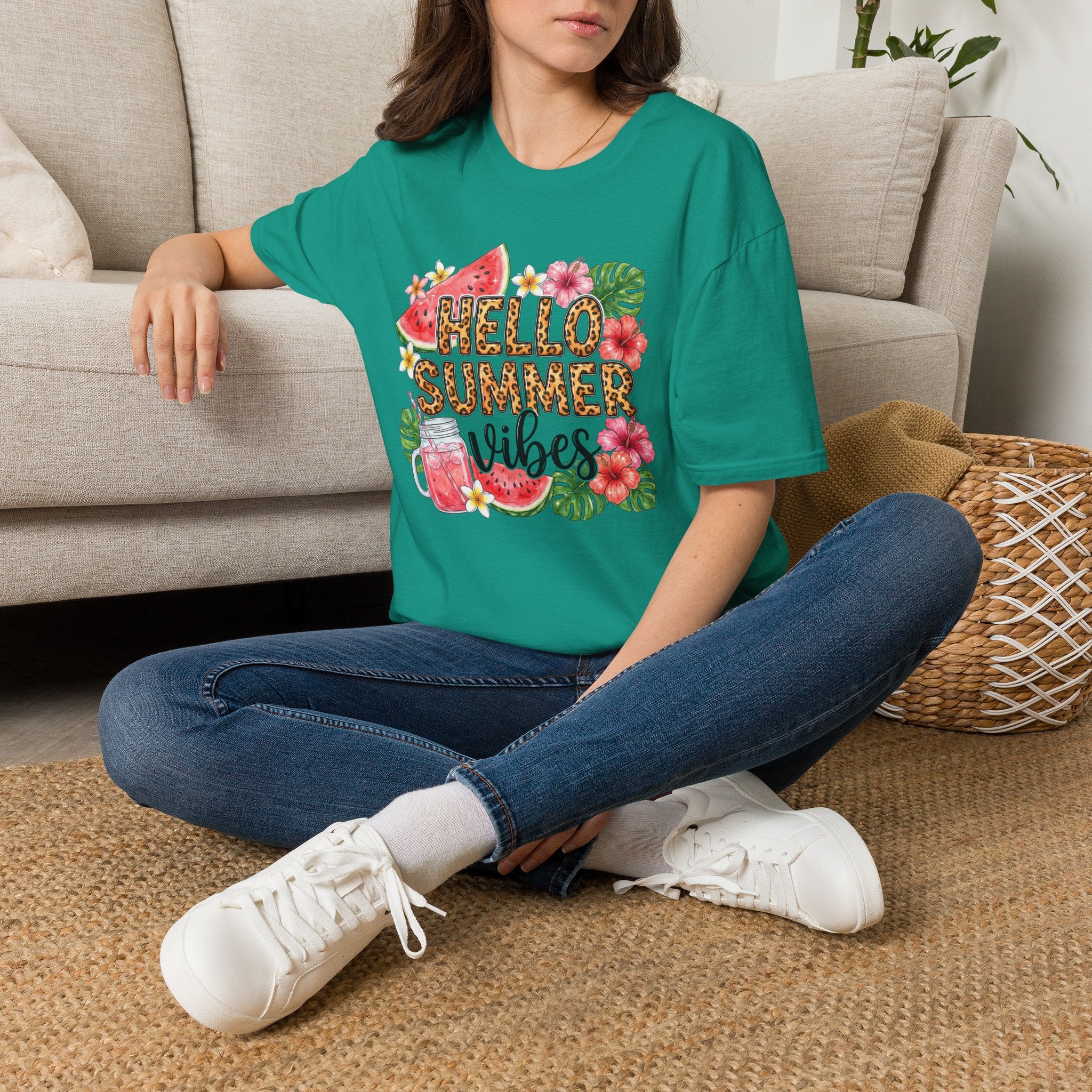 Hello Summer Vibes Watermelon Floral Leopard Print T-Shirt