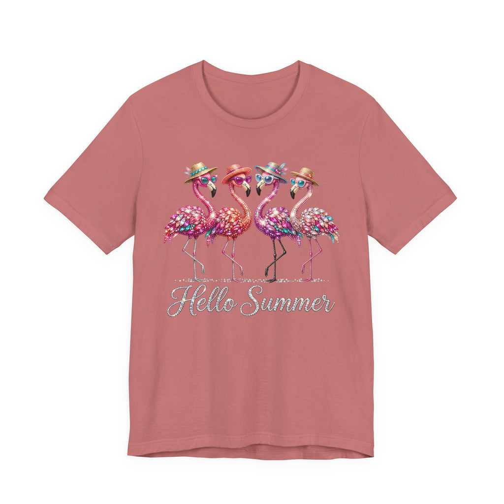 Hello Summer Flamingos T-Shirt | Pink Flamingo Beach Graphic Tee