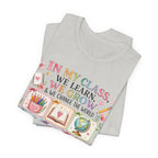 In My Class We Learn We Grow Teacher Illustration T-Shirt | School Icons