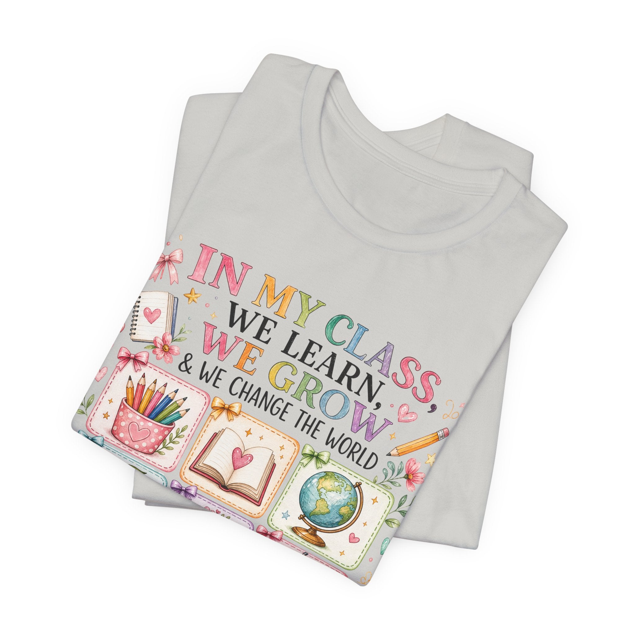 In My Class We Learn We Grow Teacher Illustration T-Shirt | School Icons
