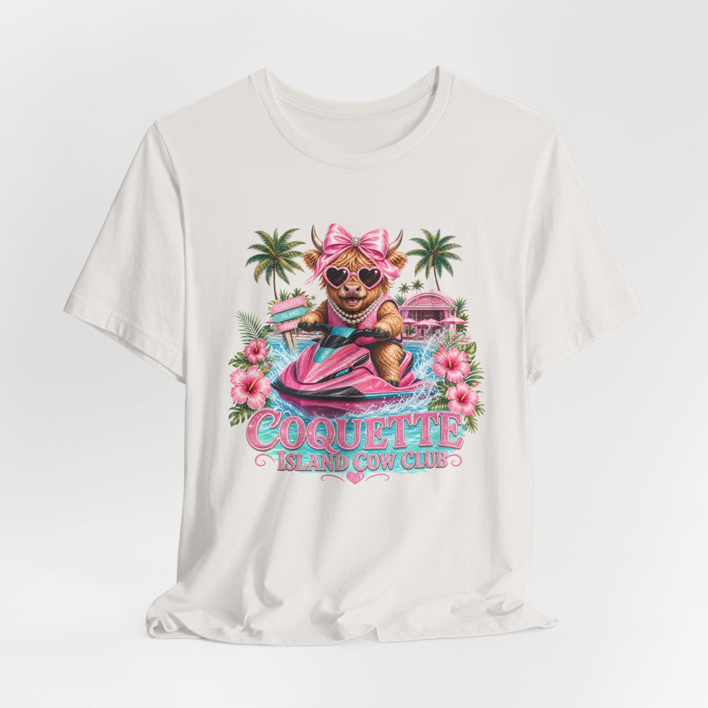 Coquette Island Cow Club T-Shirt | Cute Highland Cow Pink Jet Ski Summer Graphic Tee