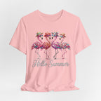Hello Summer Flamingos T-Shirt | Pink Flamingo Beach Graphic Tee