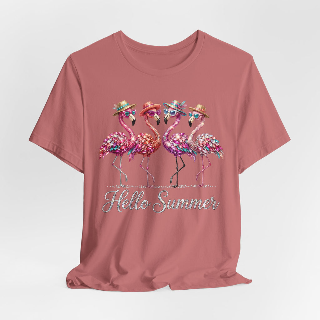 Hello Summer Flamingos T-Shirt | Pink Flamingo Beach Graphic Tee