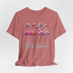 Hello Summer Flamingos T-Shirt | Pink Flamingo Beach Graphic Tee