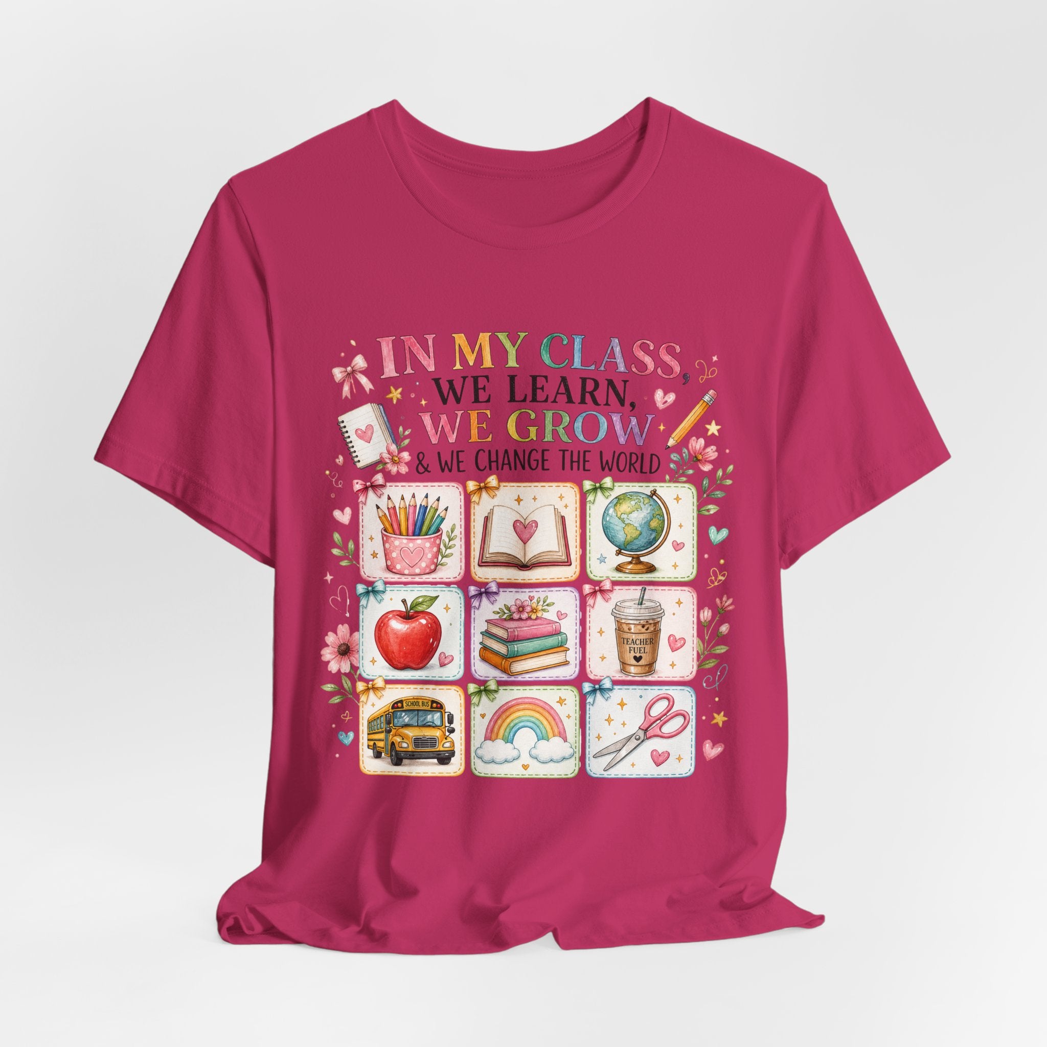 In My Class We Learn We Grow Teacher Illustration T-Shirt | School Icons