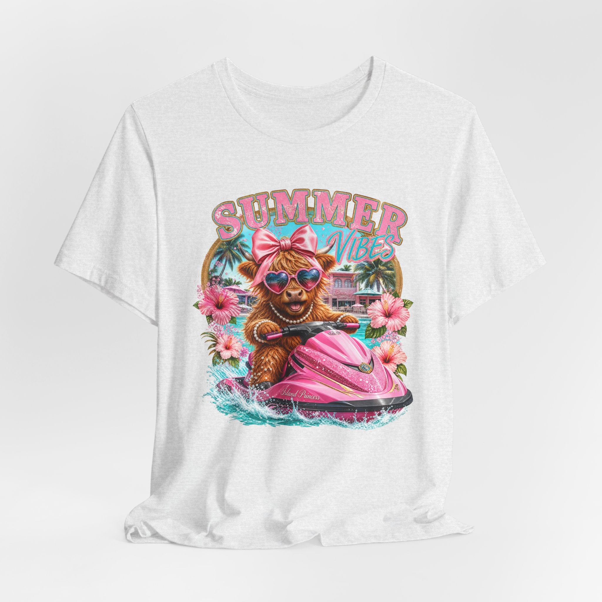Summer Vibes Cow on Jet Ski T-Shirt | Cute Tropical Floral Beach Design