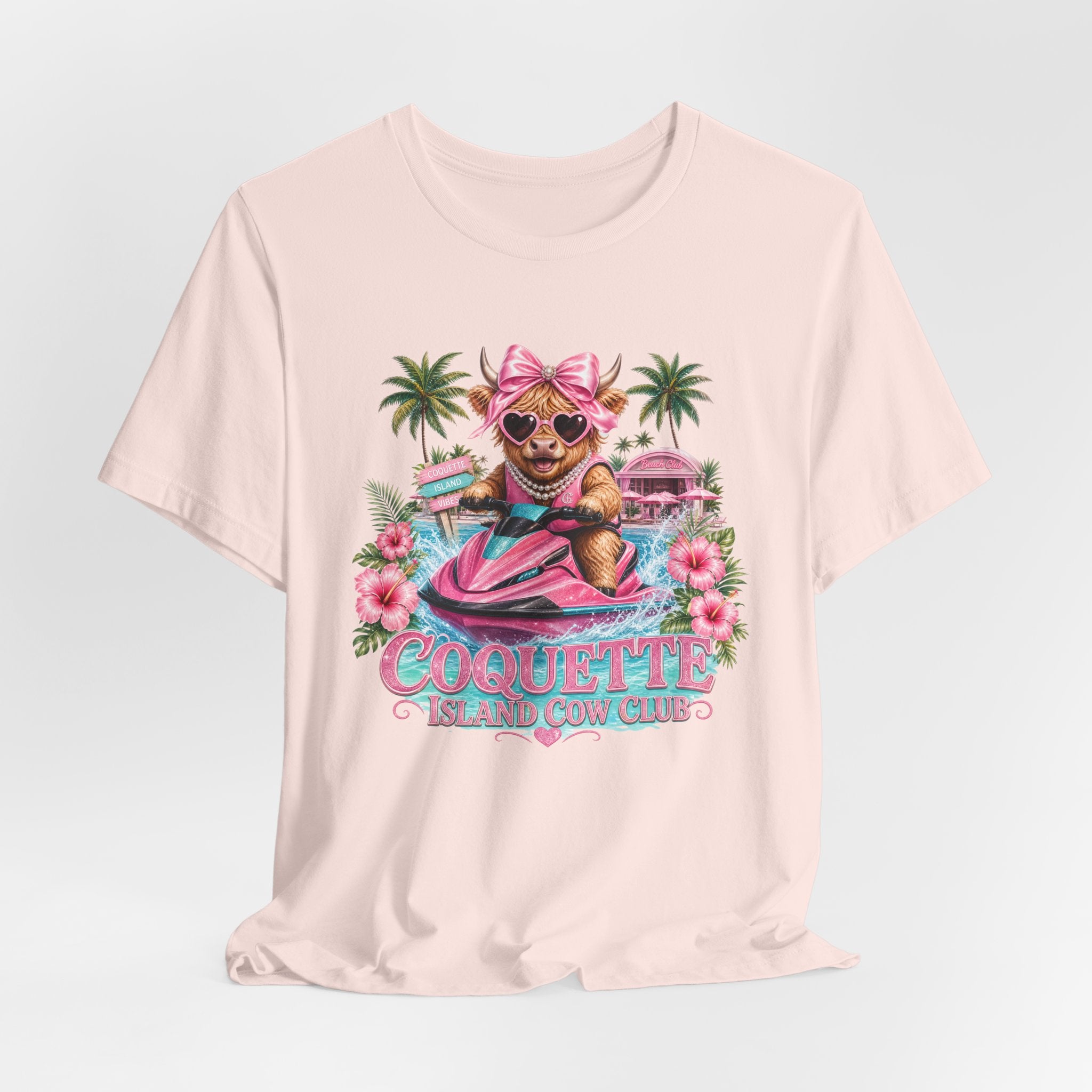 Coquette Island Cow Club T-Shirt | Cute Highland Cow Pink Jet Ski Summer Graphic Tee