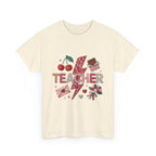 Teacher lightning bolt design T-shirt | cherries, letters, hearts, stationery
