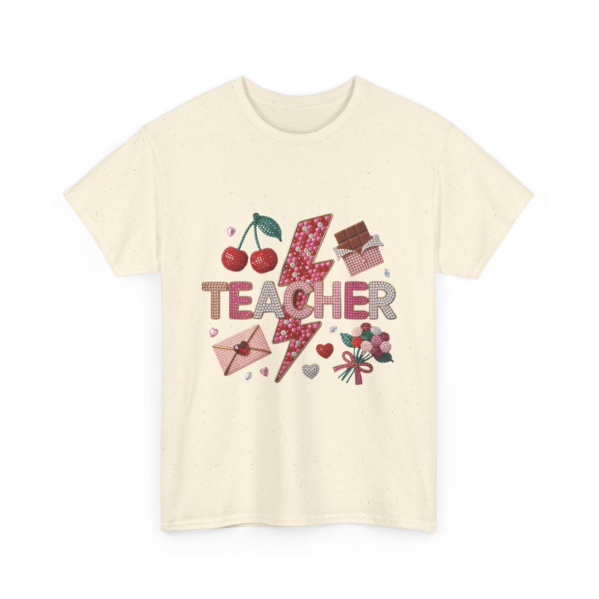 Teacher lightning bolt design T-shirt | cherries, letters, hearts, stationery