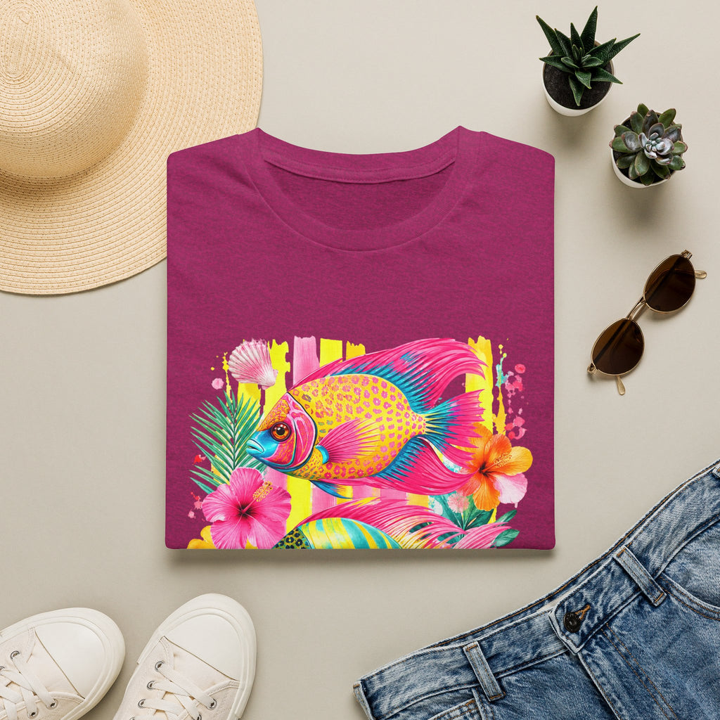 Tropical Colorful Fish T-Shirt | Neon Hibiscus Beach Illustration