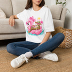 Leopard Cat on Flamingo Float T-Shirt | Tropical Palm Beach Summer Vibes