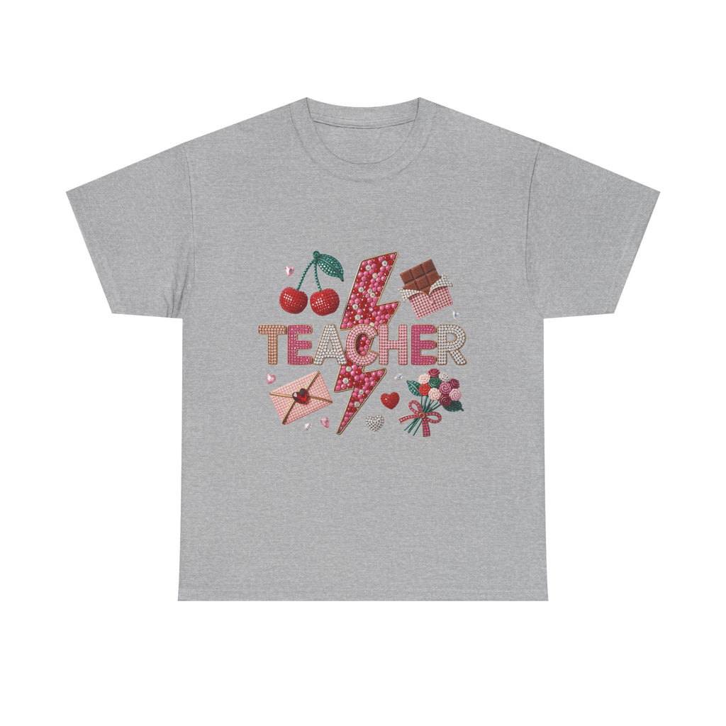 Teacher lightning bolt design T-shirt | cherries, letters, hearts, stationery