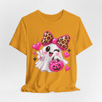 Pink Ghost Halloween T-Shirt with Leopard Bow