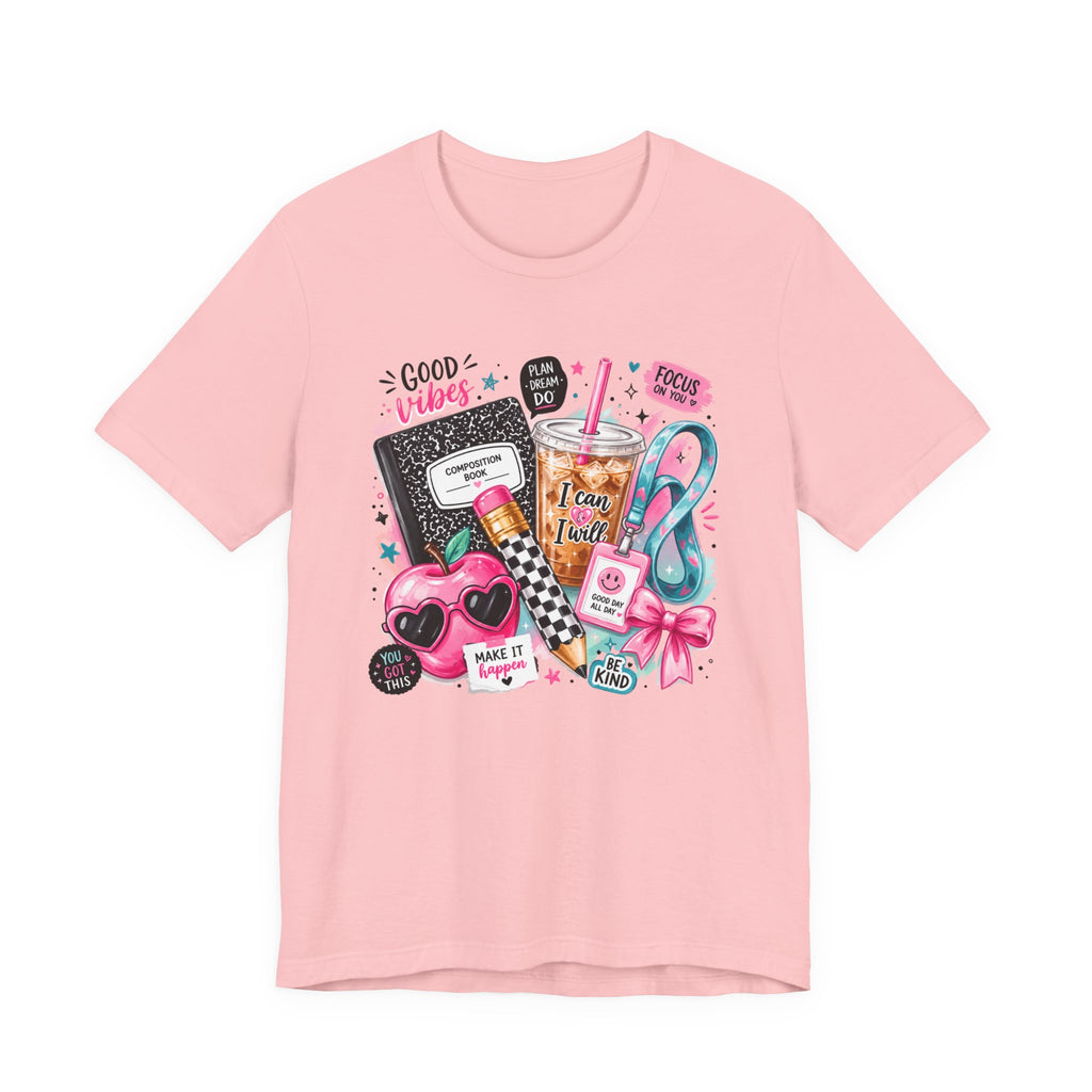Teacher Good Vibes Cute Pastel Sticker Collage T-Shirt | Coffee, Headphones, Journal | Back to School