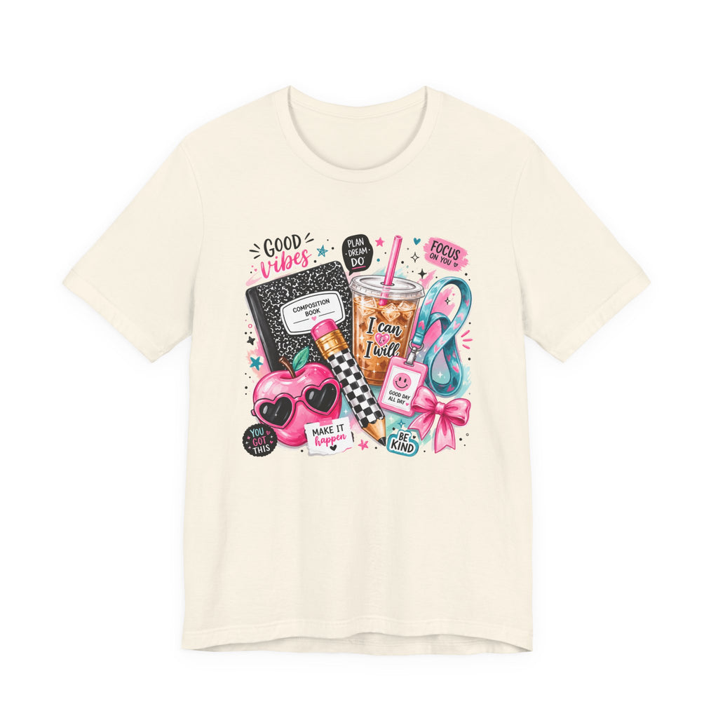 Teacher Good Vibes Cute Pastel Sticker Collage T-Shirt | Coffee, Headphones, Journal | Back to School