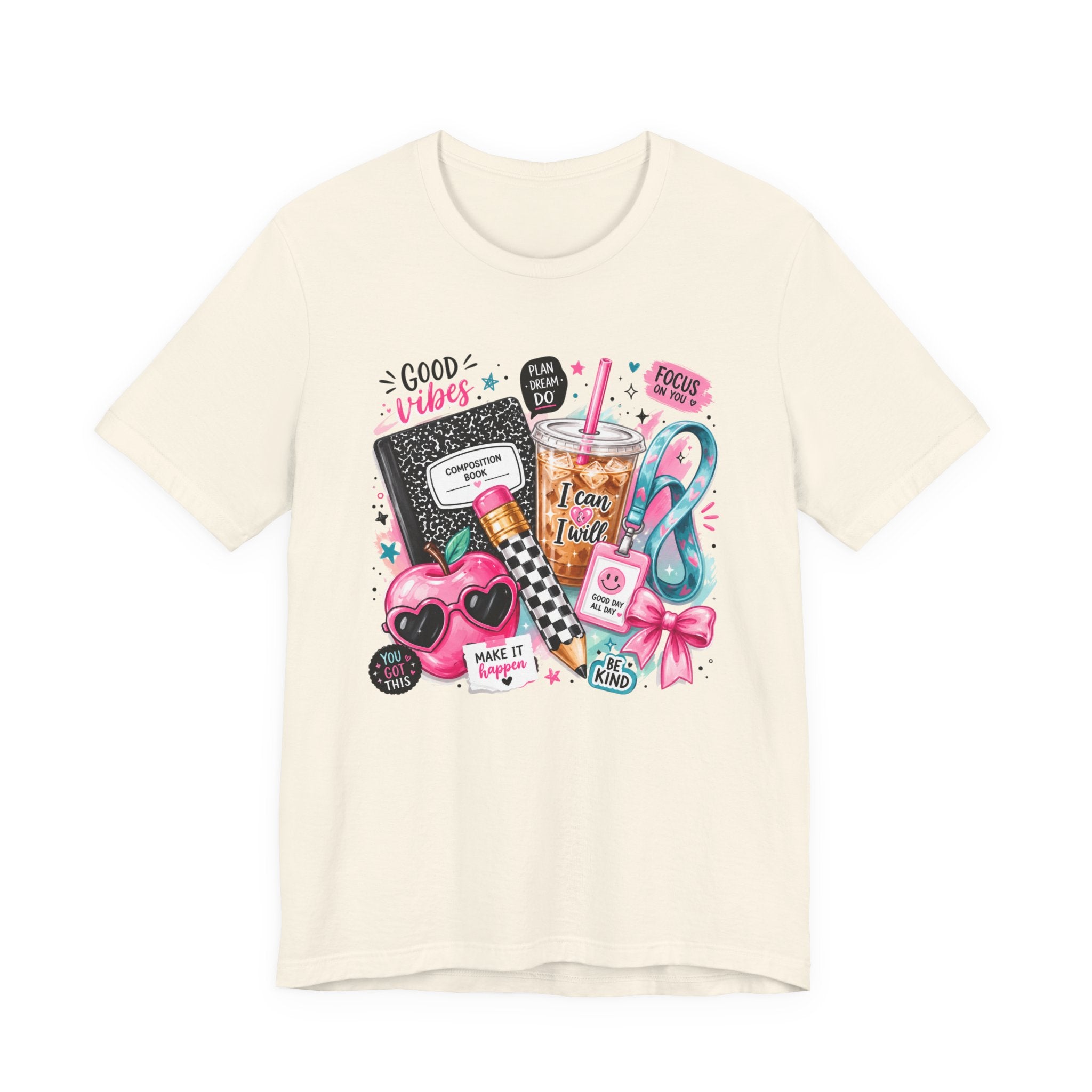 Teacher Good Vibes Cute Pastel Sticker Collage T-Shirt | Coffee, Headphones, Journal | Back to School