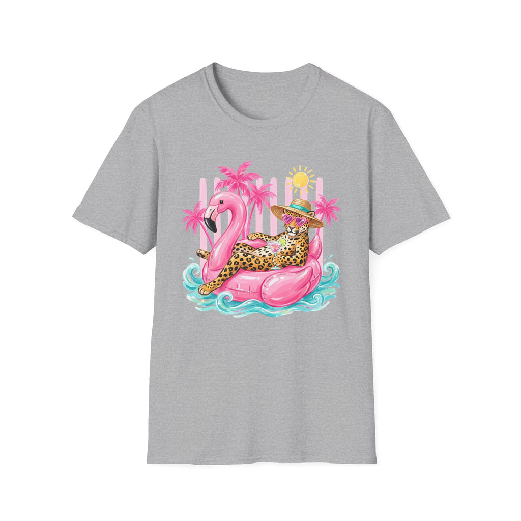 Leopard Cat on Flamingo Float T-Shirt | Tropical Palm Beach Summer Vibes