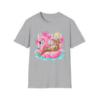Leopard Cat on Flamingo Float T-Shirt | Tropical Palm Beach Summer Vibes