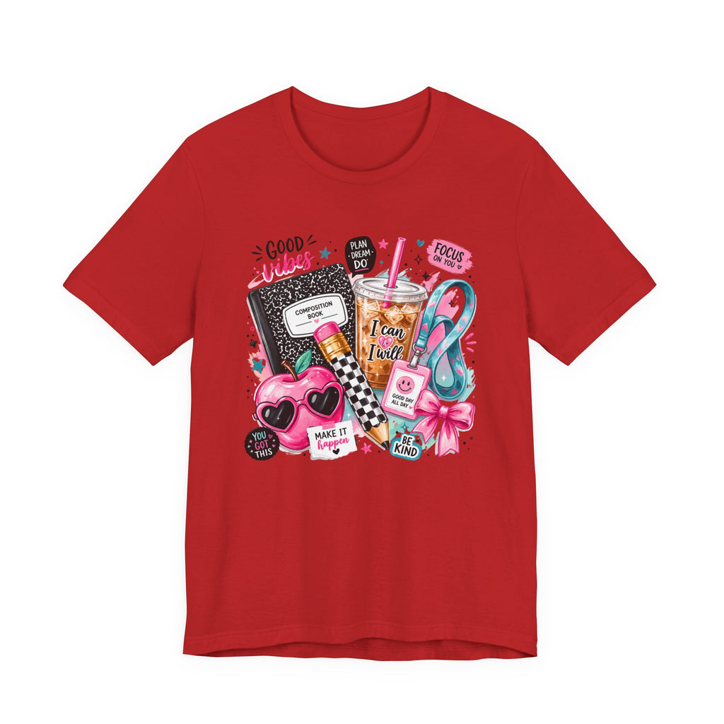 Teacher Good Vibes Cute Pastel Sticker Collage T-Shirt | Coffee, Headphones, Journal | Back to School