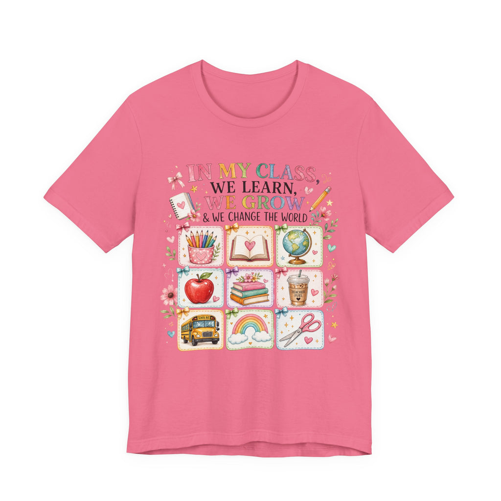 In My Class We Learn We Grow Teacher Illustration T-Shirt | School Icons