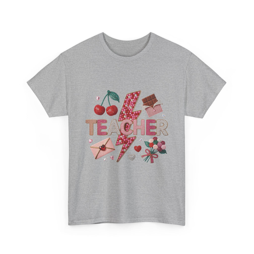 Teacher lightning bolt design T-shirt | cherries, letters, hearts, stationery