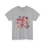 Teacher lightning bolt design T-shirt | cherries, letters, hearts, stationery