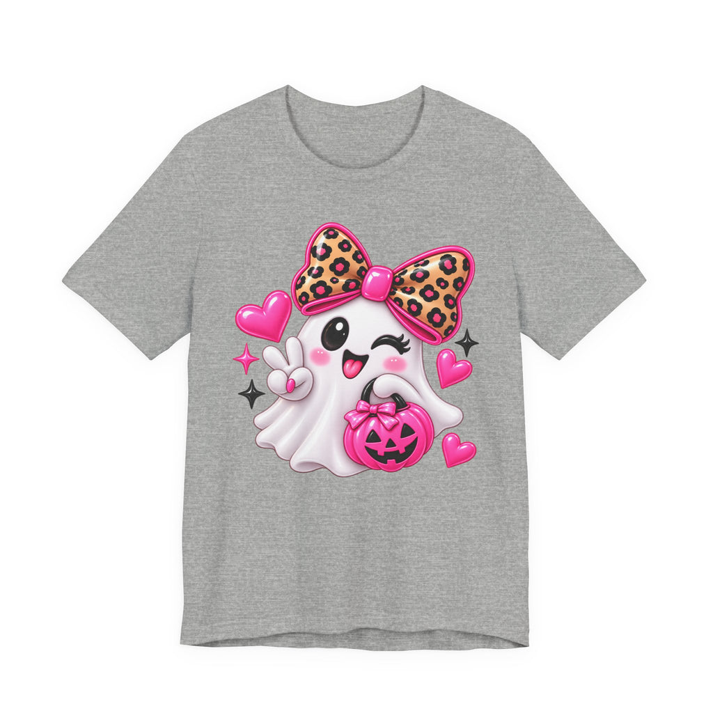 Pink Ghost Halloween T-Shirt with Leopard Bow