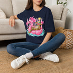 Leopard Cat on Flamingo Float T-Shirt | Tropical Palm Beach Summer Vibes