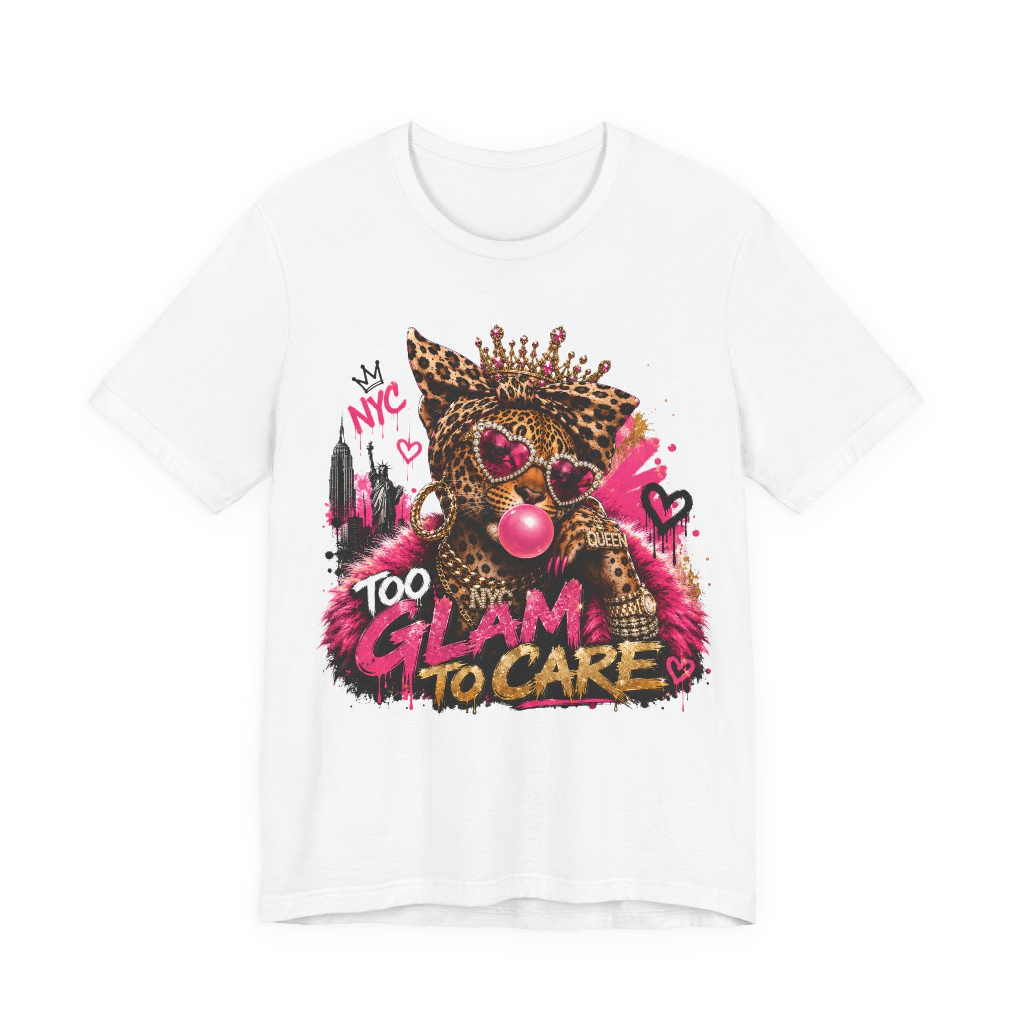 T-shirt "Too Glam To Care" – Motif chat couronné léopard