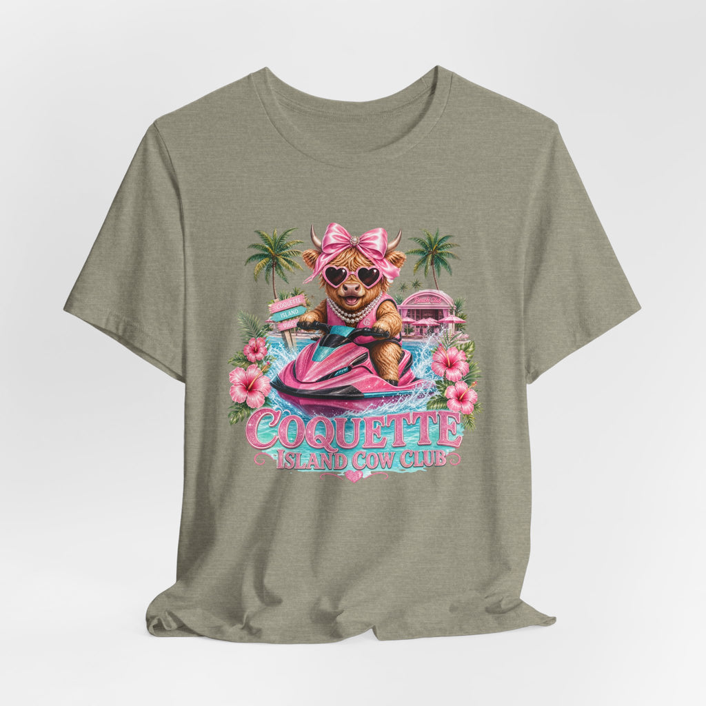 Coquette Island Cow Club T-Shirt | Cute Highland Cow Pink Jet Ski Summer Graphic Tee