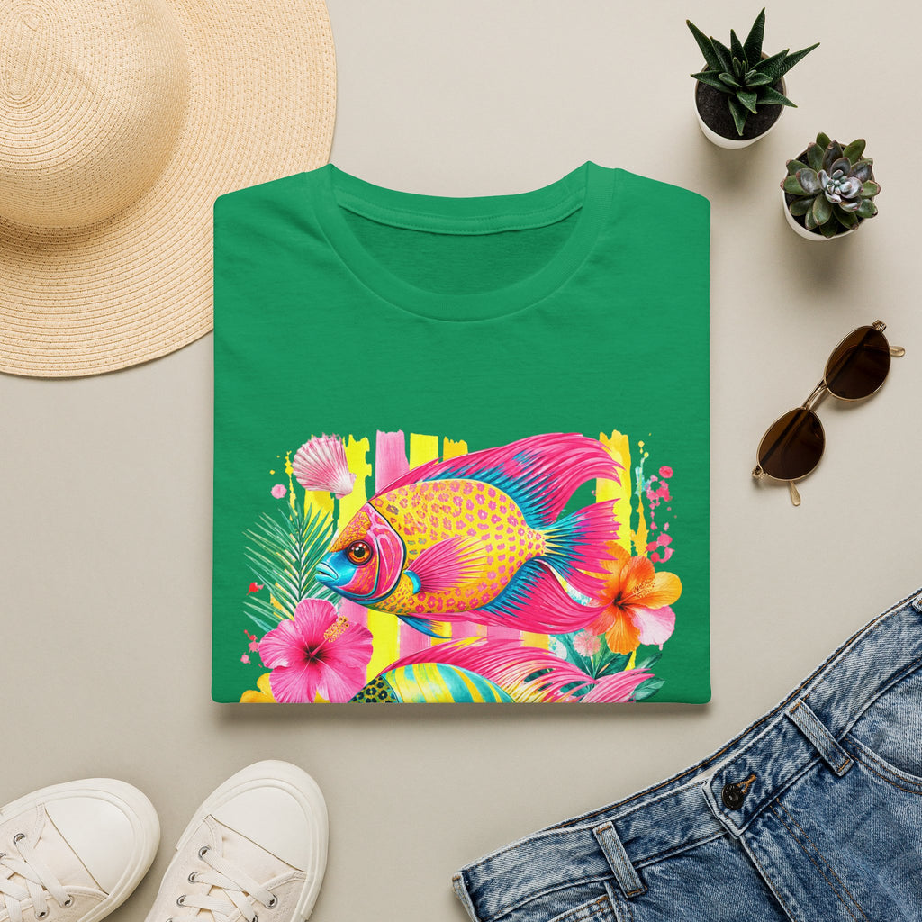 Tropical Colorful Fish T-Shirt | Neon Hibiscus Beach Illustration