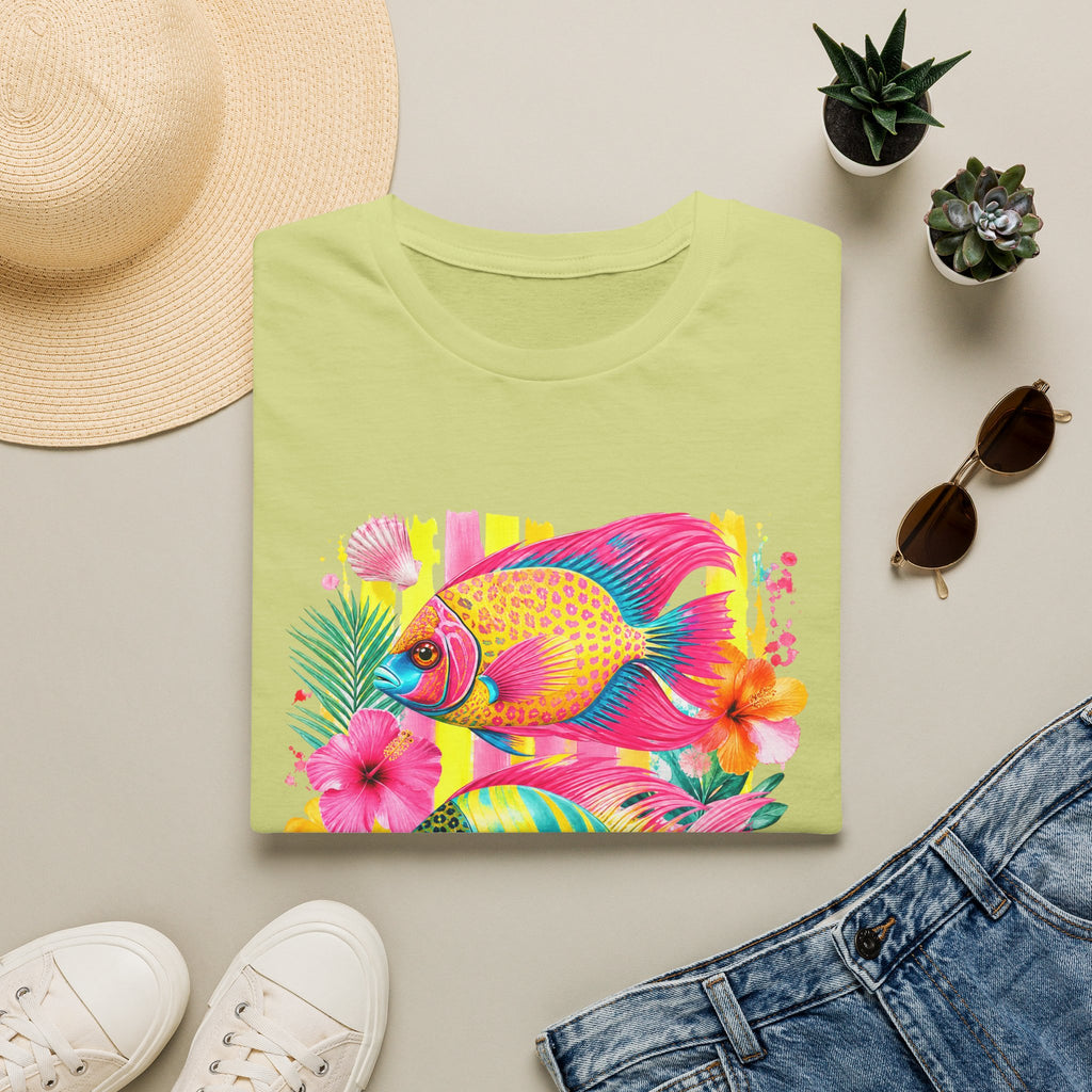 Tropical Colorful Fish T-Shirt | Neon Hibiscus Beach Illustration