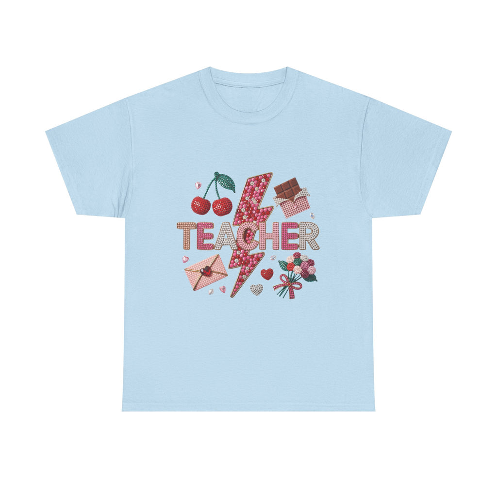 Teacher lightning bolt design T-shirt | cherries, letters, hearts, stationery