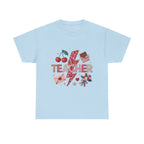 Teacher lightning bolt design T-shirt | cherries, letters, hearts, stationery