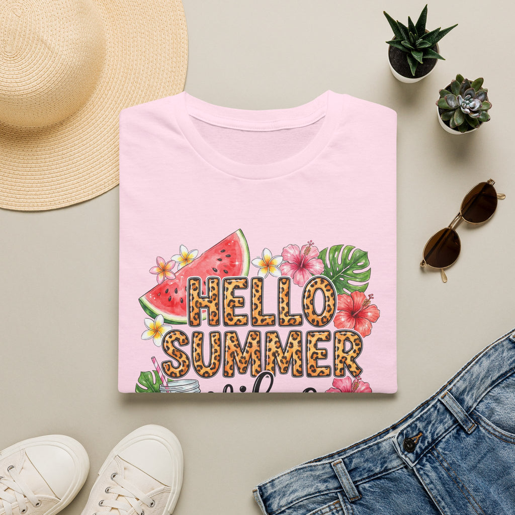 Hello Summer Vibes Watermelon Floral Leopard Print T-Shirt