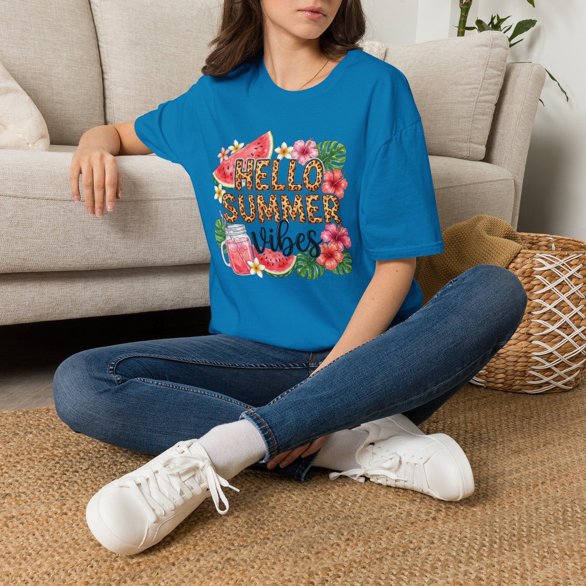 Hello Summer Vibes Watermelon Floral Leopard Print T-Shirt