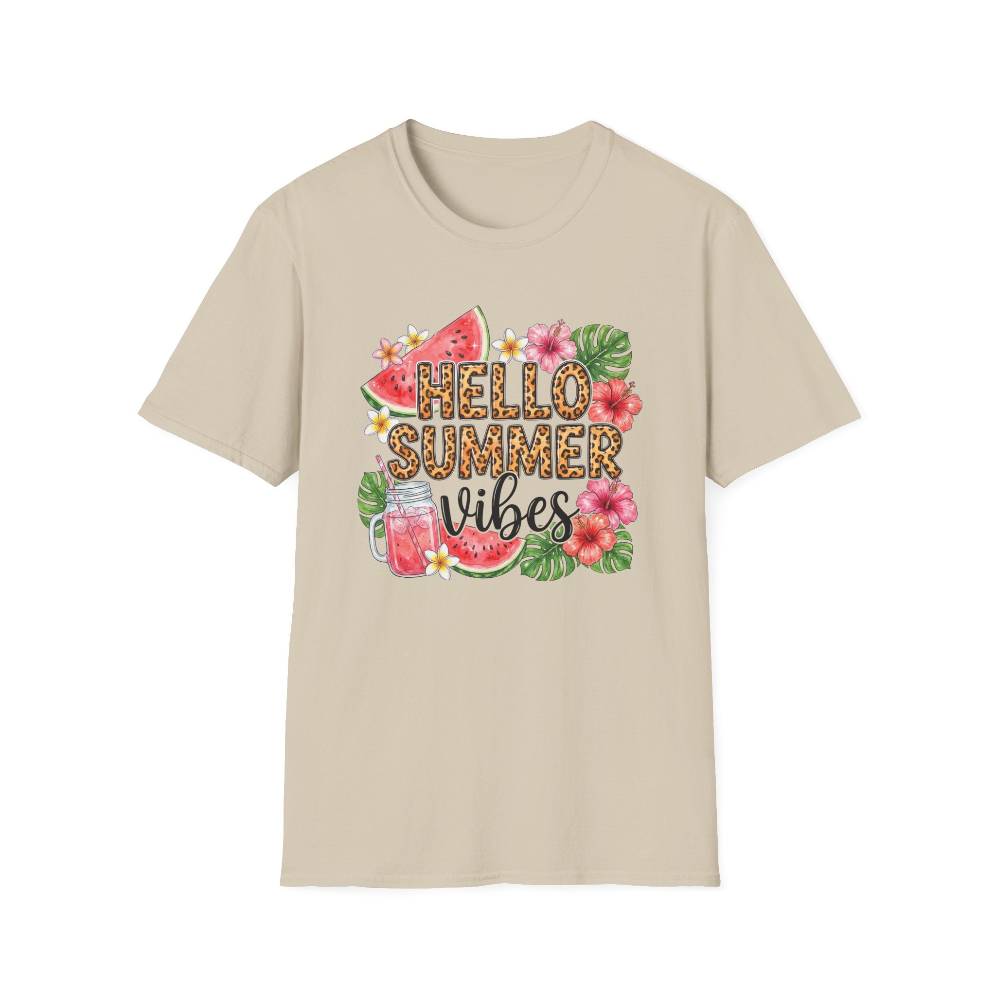 Hello Summer Vibes Watermelon Floral Leopard Print T-Shirt