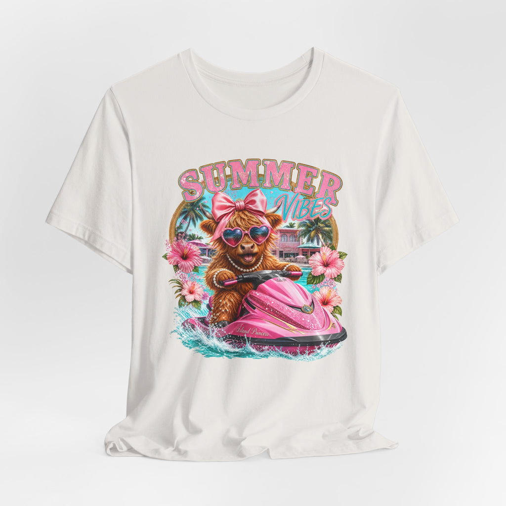 Summer Vibes Cow on Jet Ski T-Shirt | Cute Tropical Floral Beach Design