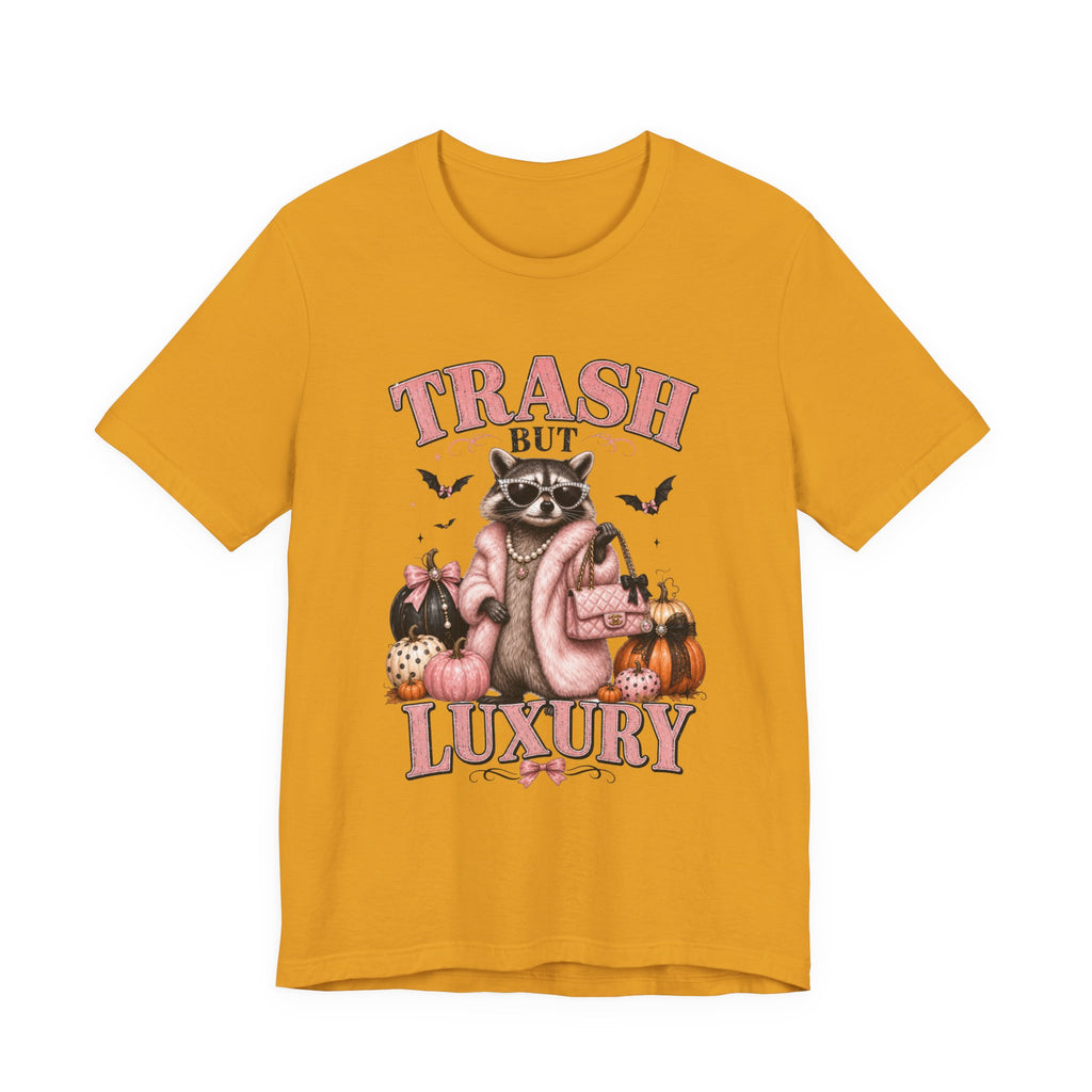 Trash But Luxury Raccoon Tee — Halloween Graphic T-Shirt with Pumpkins & Bats
