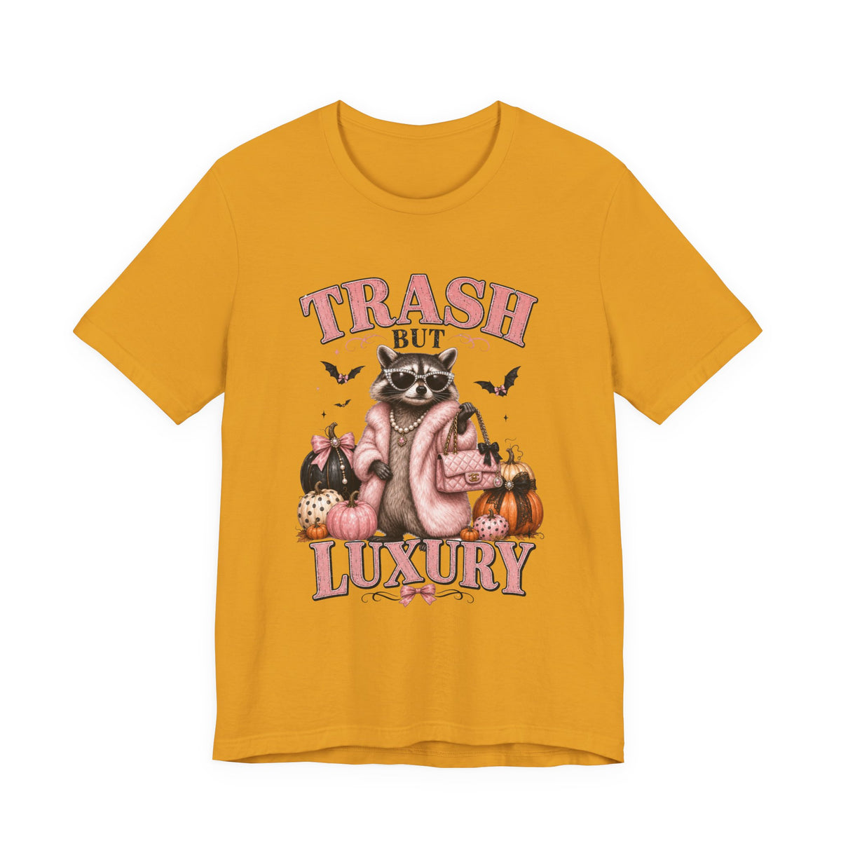 Trash But Luxury Raccoon Tee — Halloween Graphic T-Shirt with Pumpkins & Bats