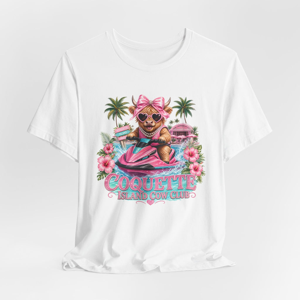 Coquette Island Cow Club T-Shirt | Cute Highland Cow Pink Jet Ski Summer Graphic Tee