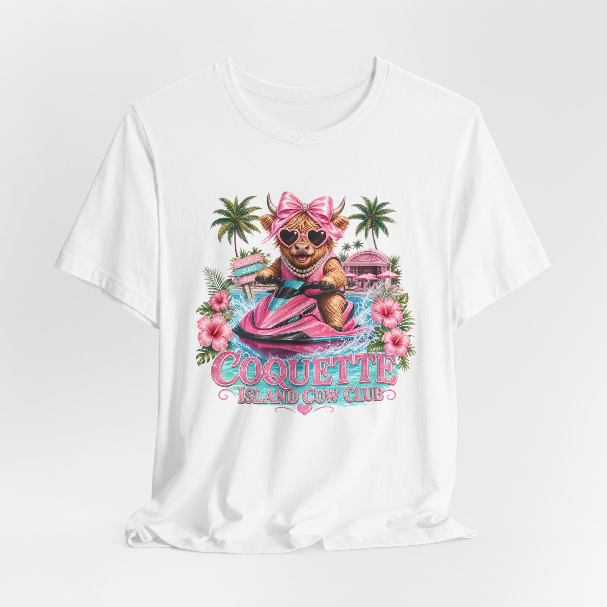 Coquette Island Cow Club T-Shirt | Cute Highland Cow Pink Jet Ski Summer Graphic Tee