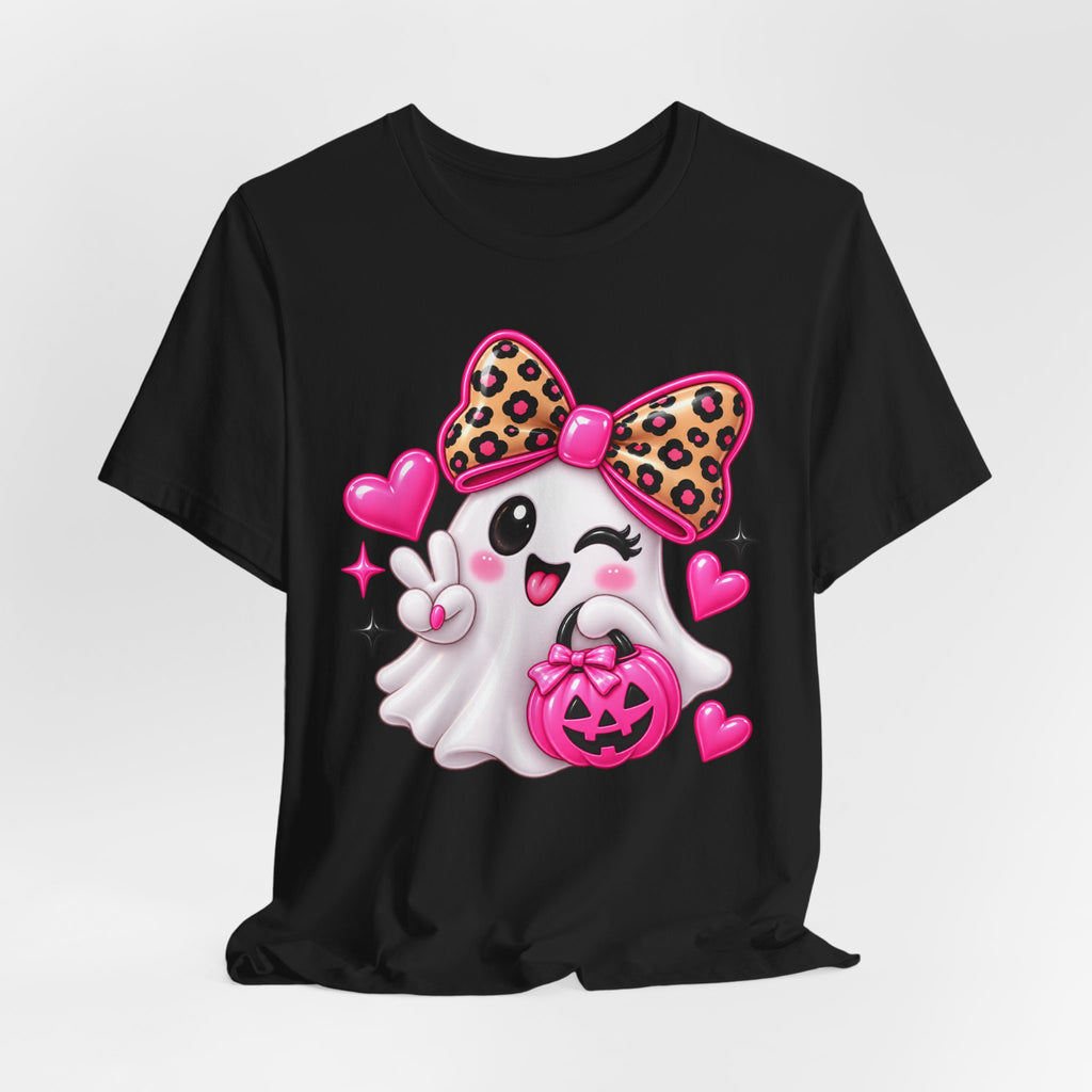 Pink Ghost Halloween T-Shirt with Leopard Bow