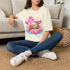 Leopard Cat on Flamingo Float T-Shirt | Tropical Palm Beach Summer Vibes