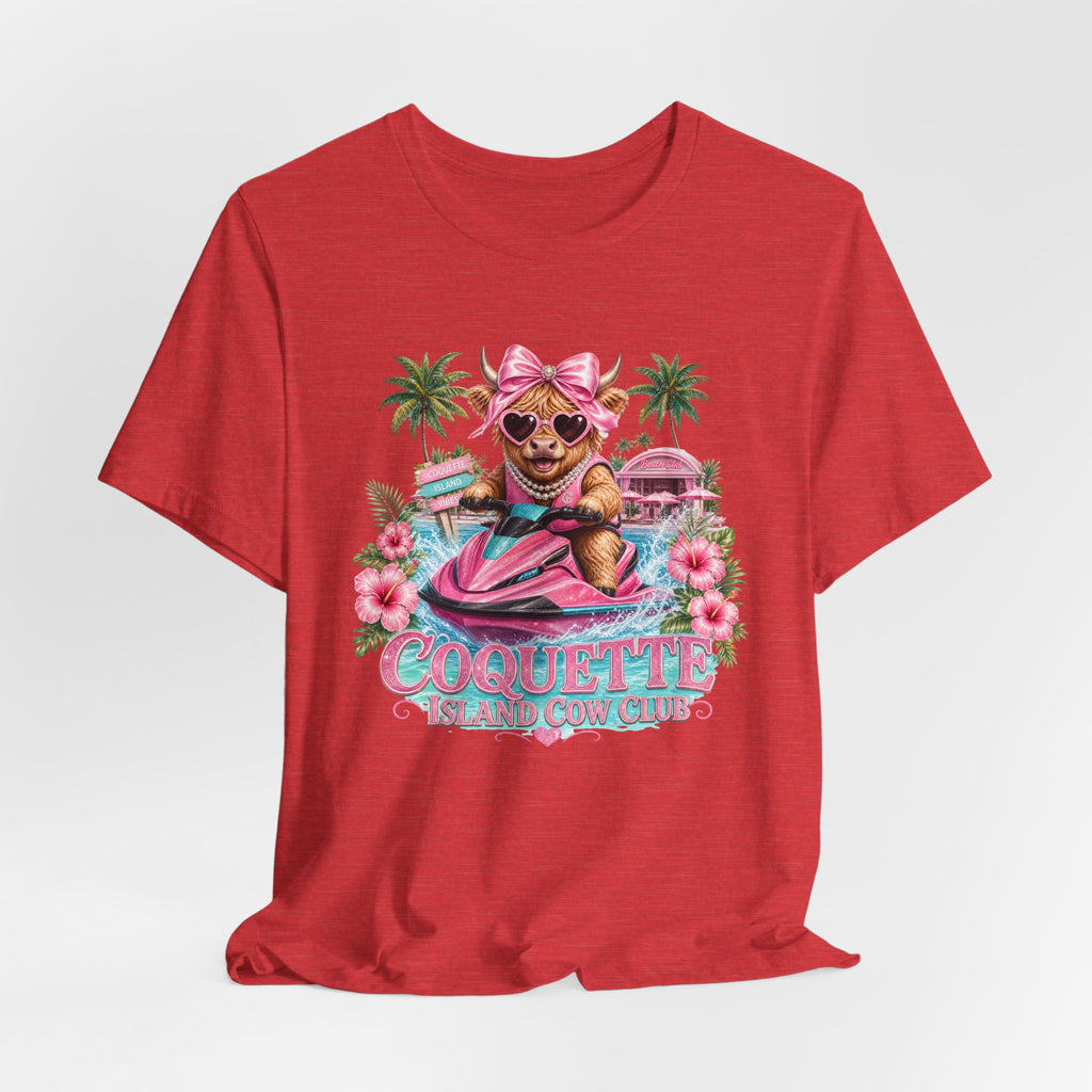 Coquette Island Cow Club T-Shirt | Cute Highland Cow Pink Jet Ski Summer Graphic Tee