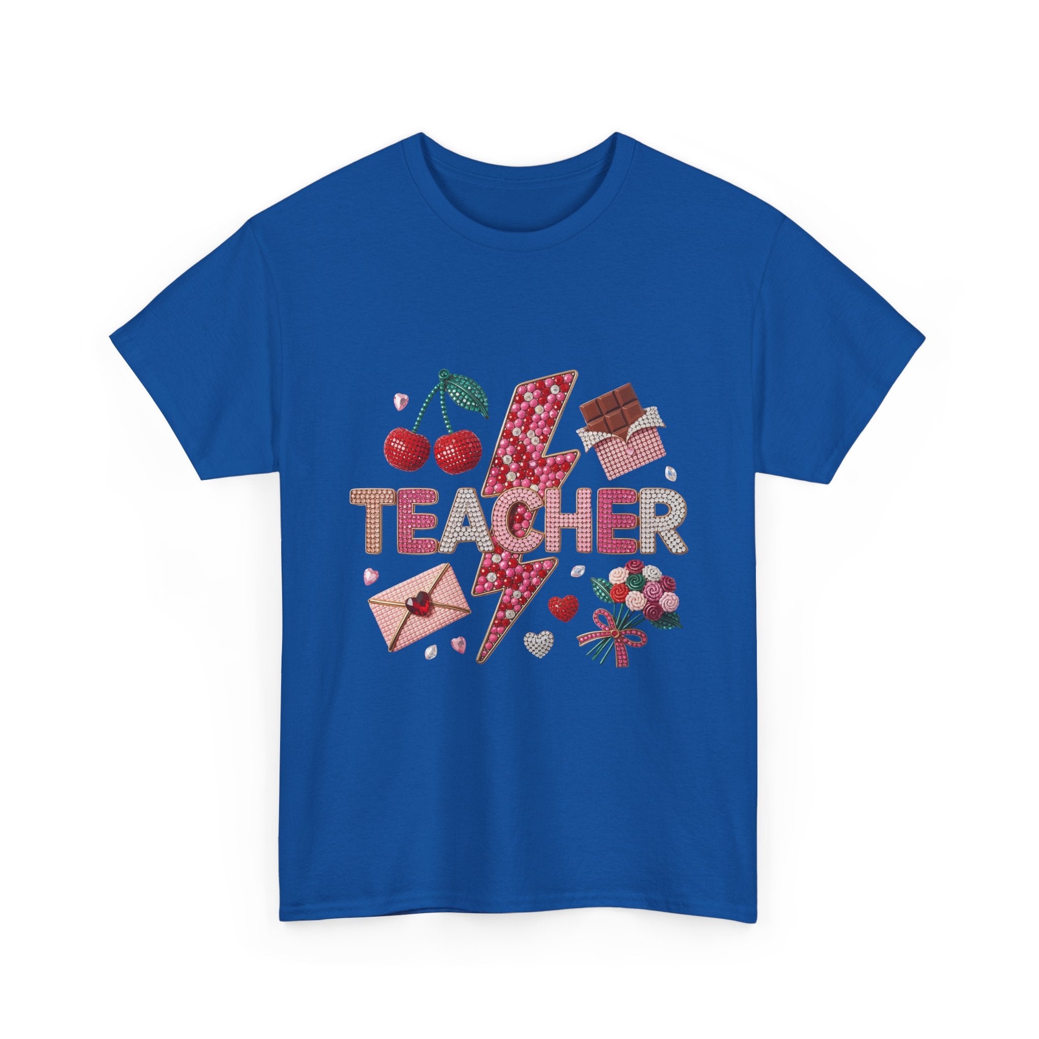 Teacher lightning bolt design T-shirt | cherries, letters, hearts, stationery