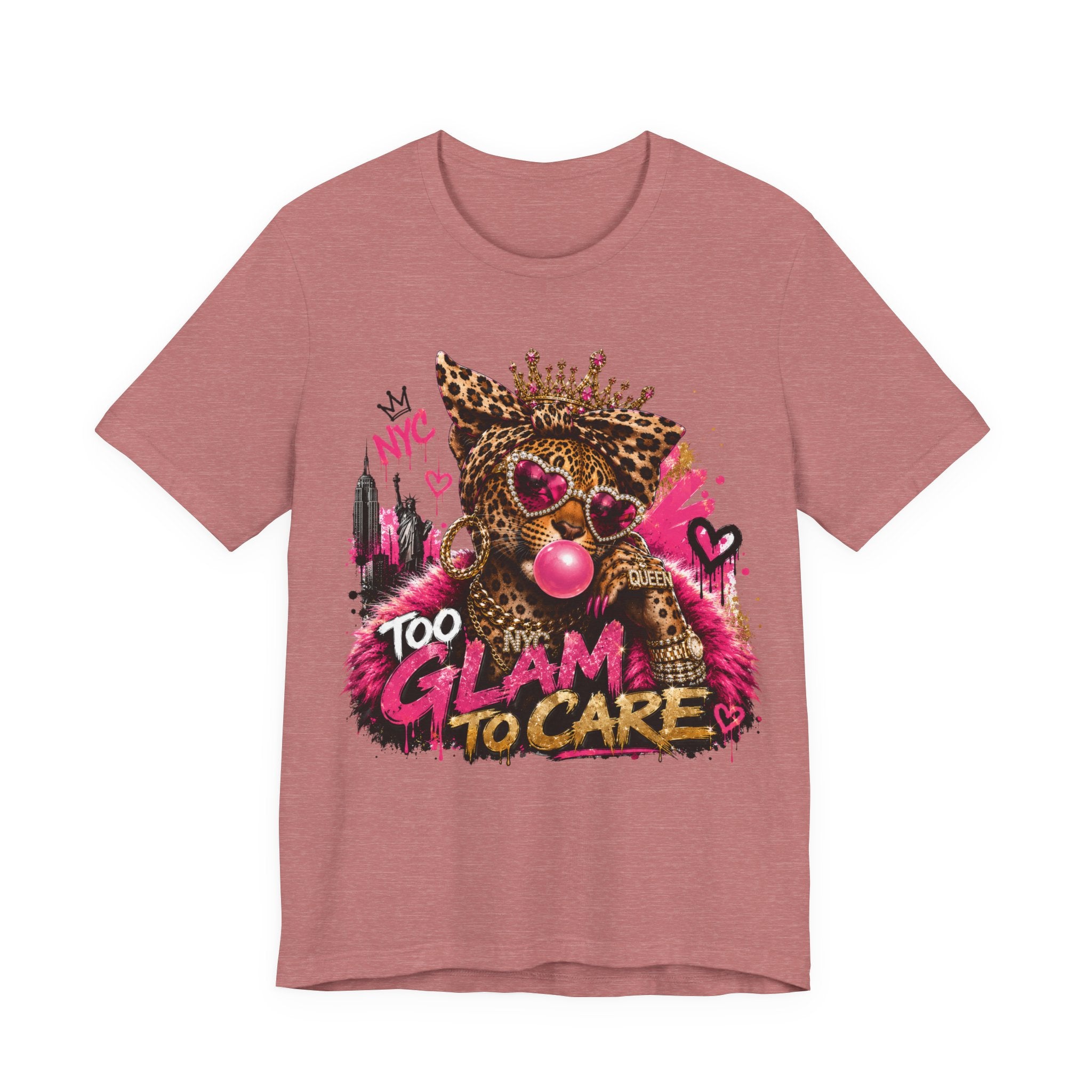 T-shirt "Too Glam To Care" – Motif chat couronné léopard