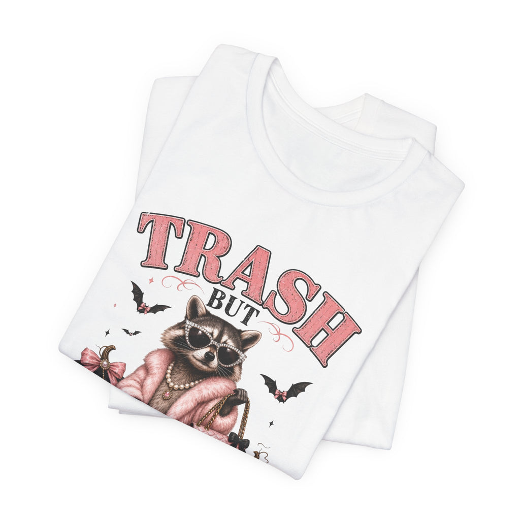 Trash But Luxury Raccoon Tee — Halloween Graphic T-Shirt with Pumpkins & Bats